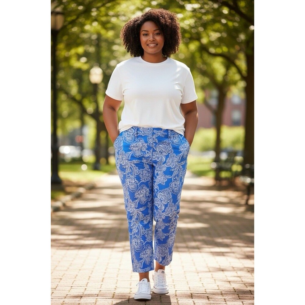 Land’s End Women’s Blue Paisley Straight Leg Pants 14P Mid Rise Spring Coastal